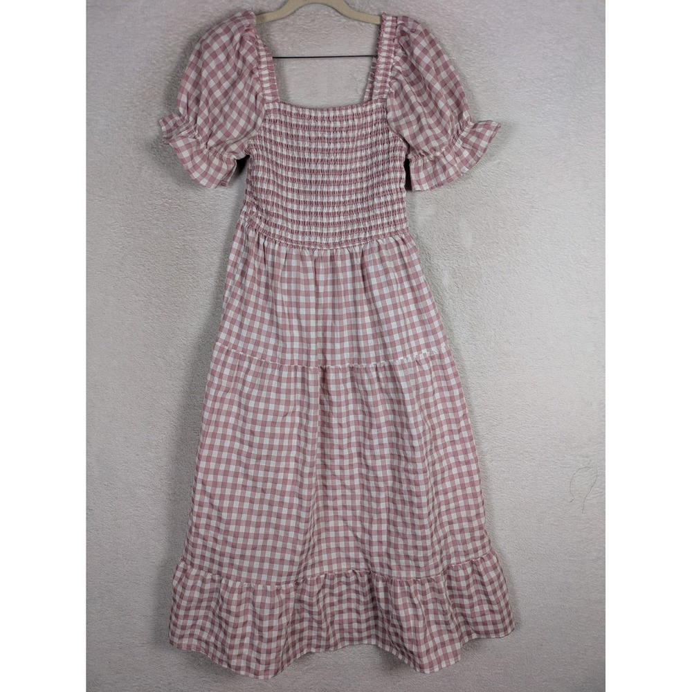 MEROKEETY Midi Dress Women's S Pink Gingham Smocked Puff Sleeve Tiered Ruffle
